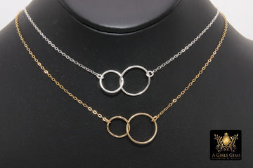 14 K Gold Linked Ring Necklace, 925 Sterling Silver Double Circle Infinity Chokers #684, Adjustable Eternity Forever Jewelry